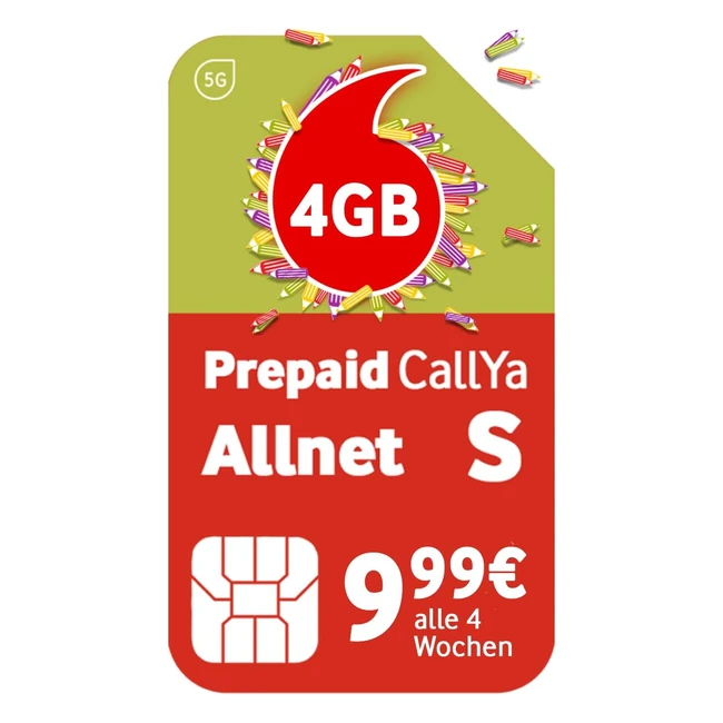 Vodafone Prpay Callya Allnet S - Volume de données 3 Go - Réseau 5G - Carte SIM sans contrat - Crédit de départ de 10 euros - Téléphone et SMS illimités
