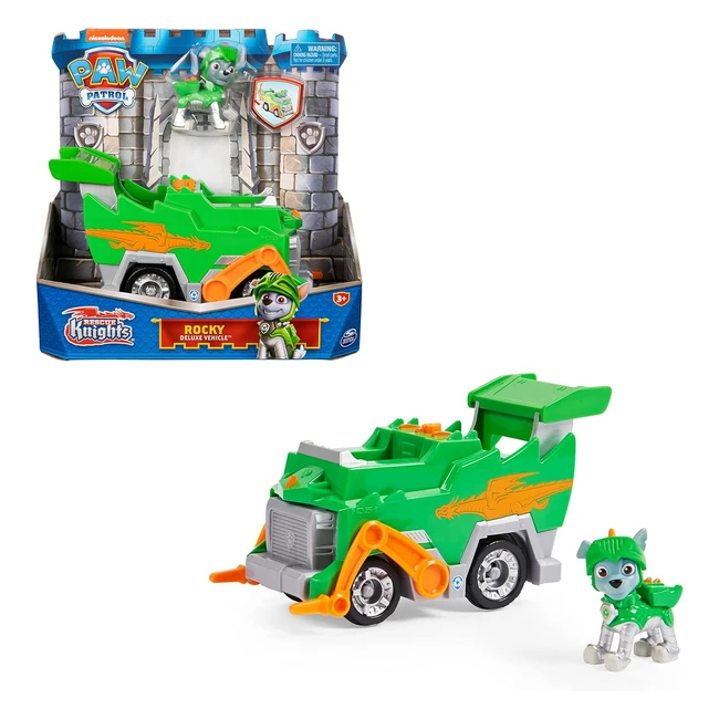 Paw Patrol Rescue Knights Basis Fahrzeug - Rocky mit Welpenfigur - Spielzeug für Kinder ab 3 Jahren