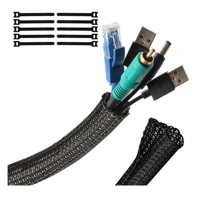 Manchon de câble gainé - Gestion des câbles - Rangement tressé - 8m13mm - 10 pcs - Attache câble réutilisables pour câbles automobiles - Noir