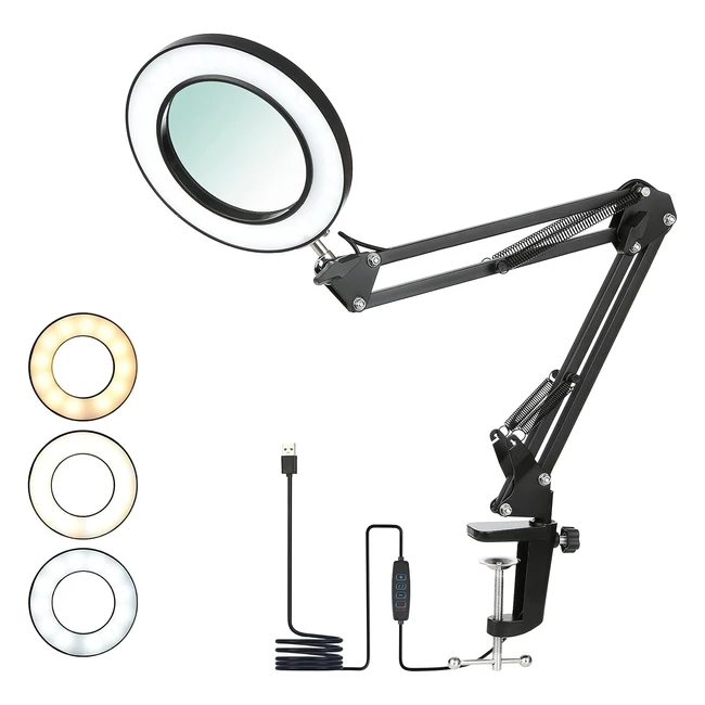 Tomshin1 Magnifying Desk Lamp with Clamp - 8x Magnifier - 3 Colors - 10 Brightness - 19 Inch Adjustable Swivel Arm
