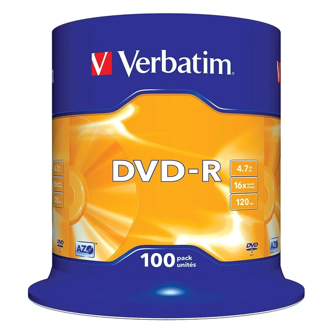 Tarrina Verbatim DVDR 16x 47GB 100 piezas - Ref 43549 - Alta capacidad y res