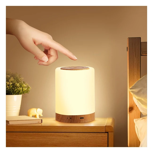 Aisutha LED Nachttischlampe Touch Dimmbar - 10 Farben, 4 Modi, Holzmaserung - USB Aufladbar