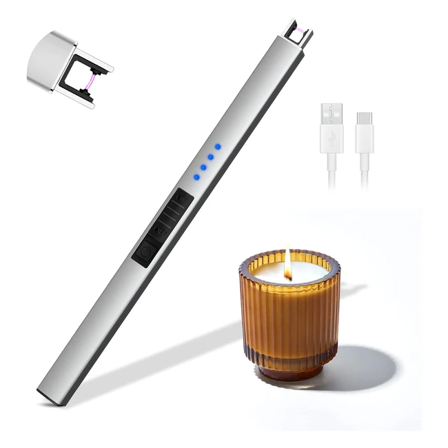 Accendino Elettrico Rouclo USB Ricaricabile - Indicatore Batteria - Accendino Lungo per Candele, Stufe, Barbecue - Argento