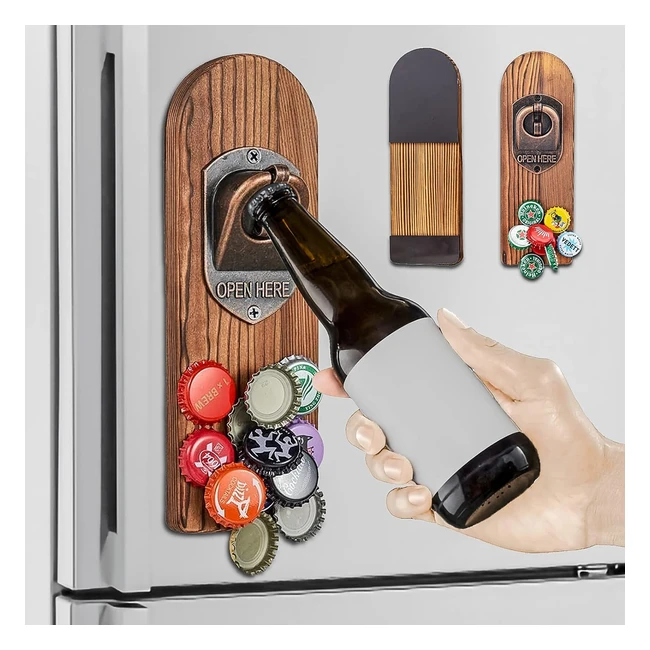Ouvre-bouteille mural magnétique en bois - Décapsuleur vintage avec cap catcher - Accessoire bar extérieur - Cadeau homme