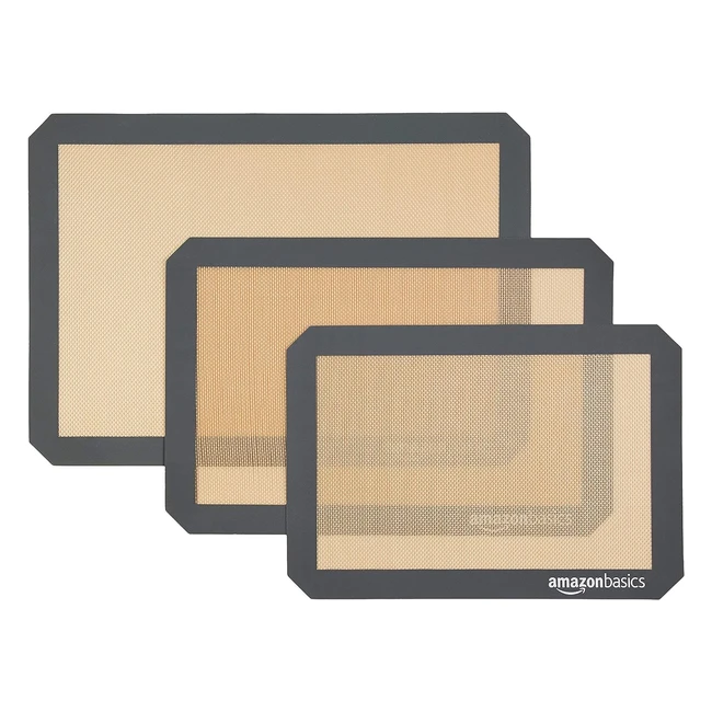 Amazon Basics Silicone Baking Mat Set - Nonstick, Easy to Clean, Oven Safe - 3 Piece, Brown/Black