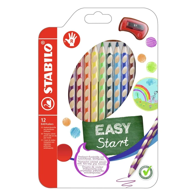 Ergonomischer Buntstift Stabilo Easycolors, Rechtshänder, 12er-Pack, verschiedene Farben mit Spitzer