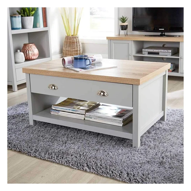 Home Source Oak Coffee Table with Metal Handles - Avon Grey, 2 Drawer