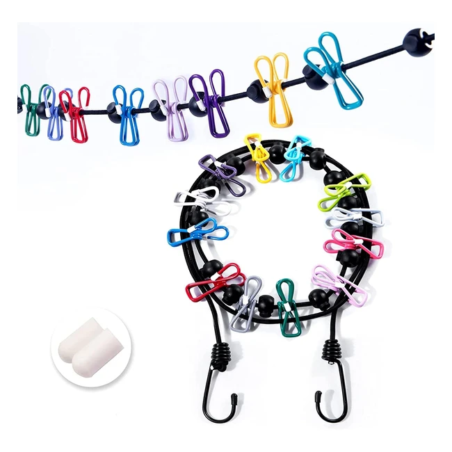 Retractable Portable Washing Line - Elastic Clothesline with 12 Colorful Clothes