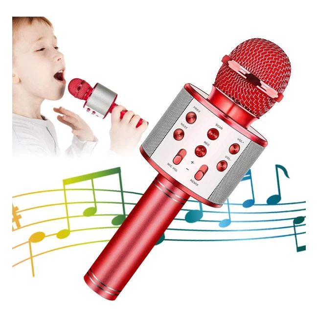 Microphone Karaok Bluetooth Sans Fil 5en1 Kidwill - Hautparleur, Enregistreur, Radio FM - Rouge