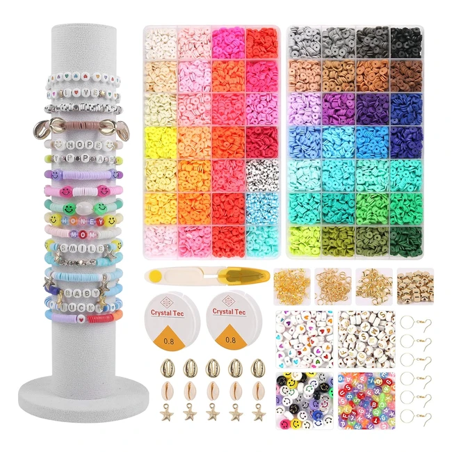 14610pcs Clay Beads Bracelet Making Kit - DIY Jewelry Set with 56 Colors Polymer Clay Beads, Letterheart Beads, Pendant, Jump Rings and Elastic Cords