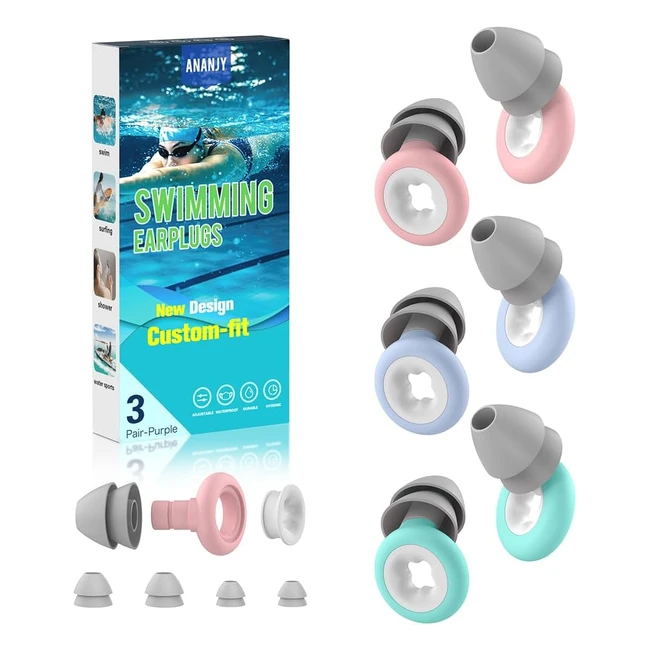 Bouchons d'oreille de natation pour adultes - 3 paires en silicone doux et étanches - Idéal pour le surf, la plongée, la piscine et la douche