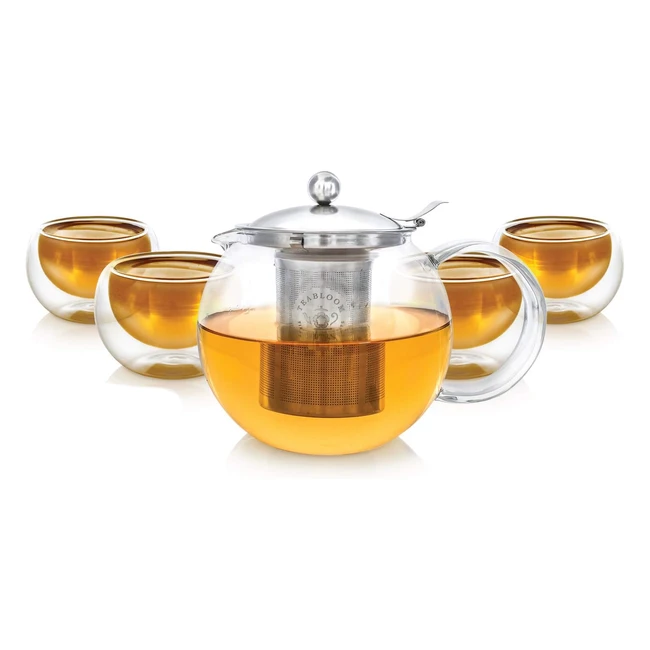 Juego de té Teabloom, apto para fogones, tetera de cristal sin plomo 12L con infusor de acero inoxidable, incluye 4 tazas 150ml