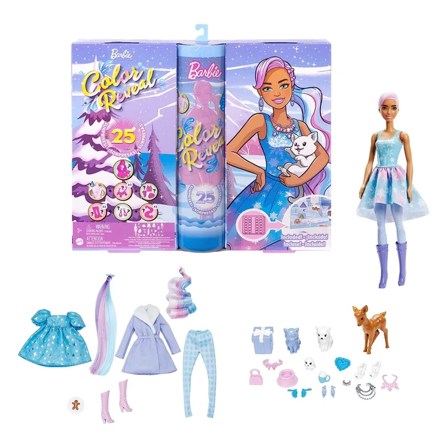 Barbie Color Reveal Adventskalender HJD60 - 25 Überraschungen, Puppe, 3 Haustiere, Kleidung, Accessoires