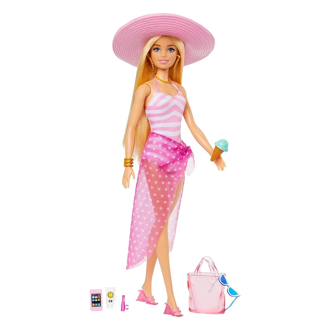 Barbie HPL73 Blonde Puppe mit pinkem und weißem Badeanzug, Sonnenhut, Tragetasche und Strandzubehör für Kinder ab 3 Jahren