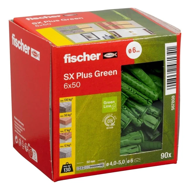 Fischer SX Plus Green Dübel 6 x 50, 90er Pack - Nachhaltige Allzweckdübel aus erneuerbaren Rohstoffen