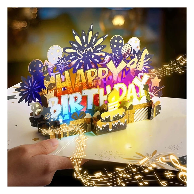 Oakjar Birthday Card Musical - Blowable Candle & Light - 3D Pop Up - Gift for Men Women Kids - Black Gold