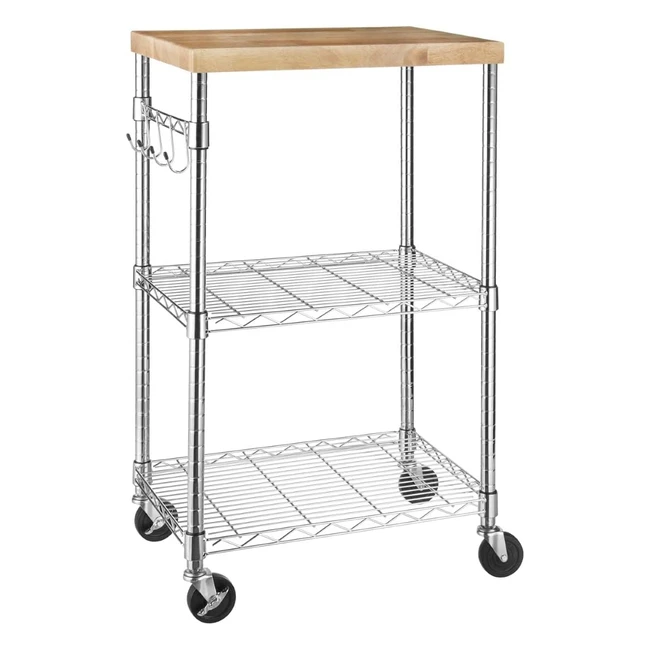Amazon Basics 3-Tier Microwave Cart on Wheels | Removable Wood Top | Height-Adjustable Chrome Shelves | 175lb Capacity