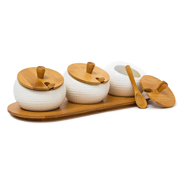Portaspezie Jiao Relaxdays con Vasetti in Ceramica - Set di Coperchi e Cucchiaini - Vassoio in Bambù - Naturale Multicolore - 305x12x85 cm