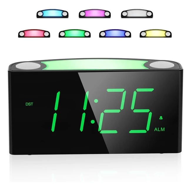 Mesqool Alarm Clock for Kids/Heavy Sleepers/Teens - Large Digital Clock with 7 LED Display - Full Range Dimmer - 7-Color Night Light - 2 USB Ports - 12/24h - Green