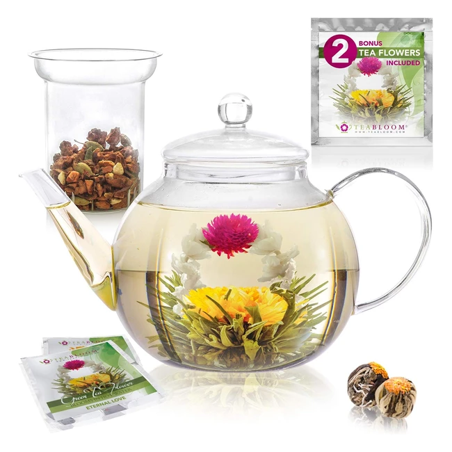 Tetera de cristal Teabloom - Juego de infusor de vidrio - Ref. 1200 ml - Ideal para hojas de té sueltas o florecientes