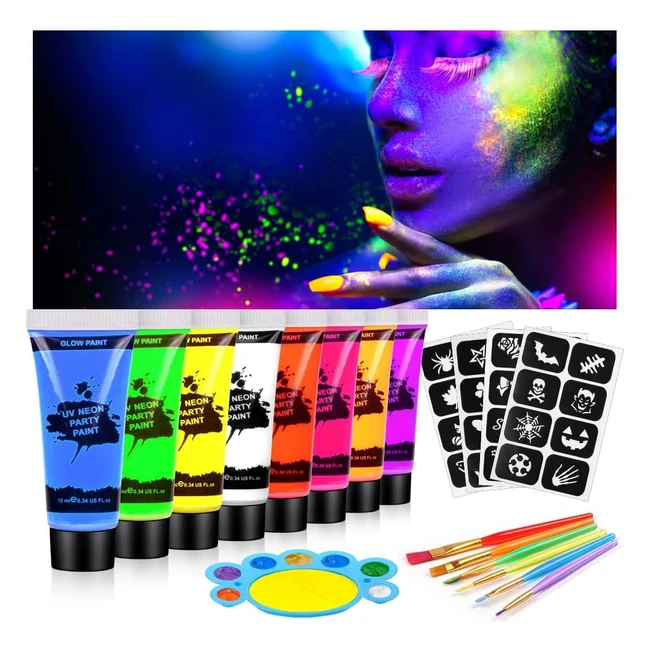 Aoowu Ultraviolet Glow Face Body Paint Set - 8 Colors UV Blacklight Neon Fluorescent - Non-Toxic Face Painting Kit