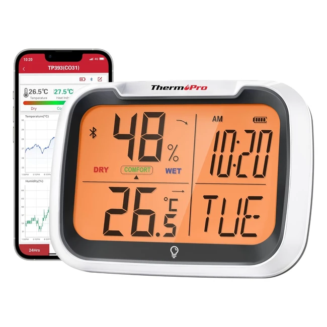 ThermoPro TP393 Digital Humidity Meter with Clock - Auto Sync via Bluetooth - 80m Range - Rechargeable - Backlit Display