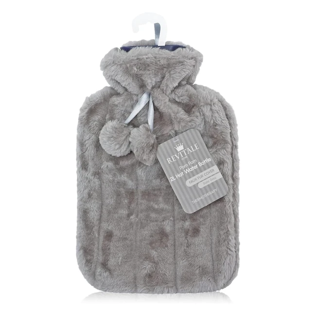 Revitale Luxury Cosy Faux Fur Pom Pom Hot Water Bottle - 2 Litre - Slate Grey