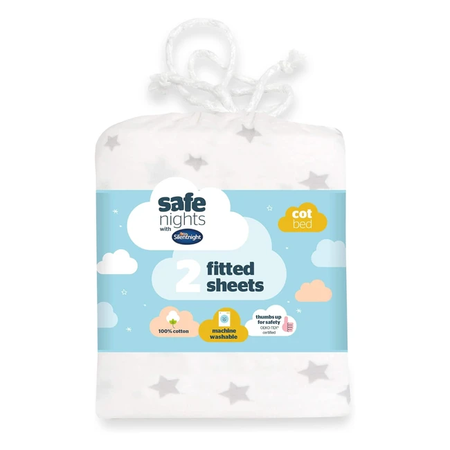 Silentnight Safe Nights Moses Basket Fitted Sheets - Pack of 2 - Grey Star - Sof