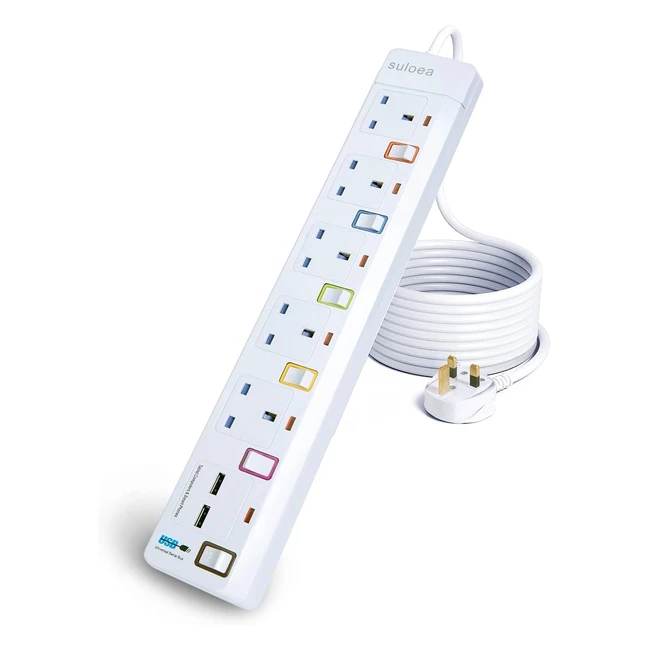 Suloea USB Extension Lead 5m - Surge Protection Power Strip - 5 Way with Switches - 2 USB Ports