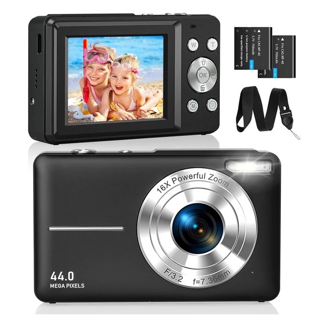 Appareil photo numérique compact 1080p FHD 44MP enfant - Zoom 16x - 2 batteries rechargeables