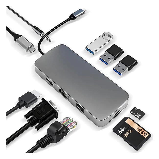 Hub USB C Adaptateur 10 en 1 avec HDMI 4K VGA 100W PD USB 3.0 RJ45 Ethernet SDTF 3.5 mm Aux
