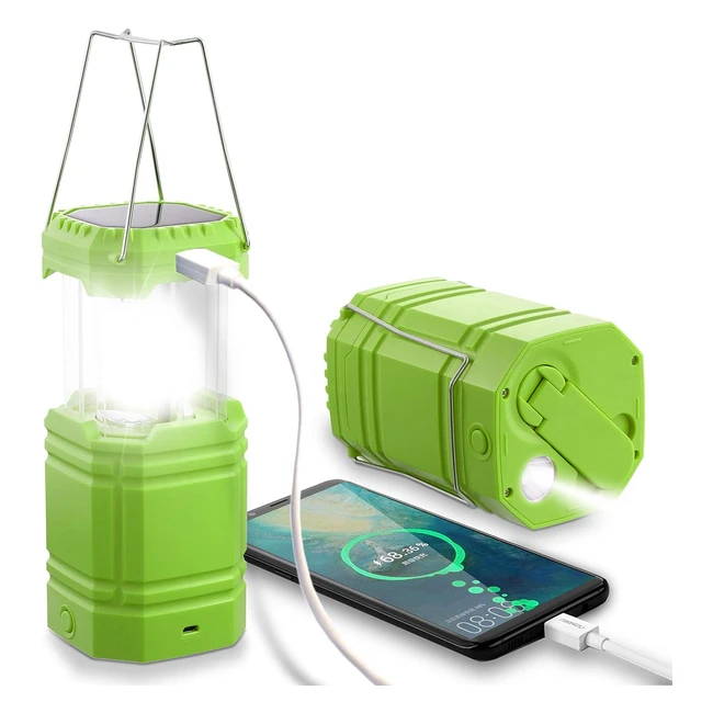 Rocam LED Solar Camping Light - Hand Crank Rechargeable Emergency Light - 3000mAh Battery - Green