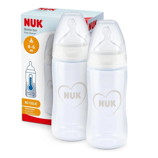 NUK First Choice Twin Set mit Temperature Control - Kiefergerechter Trinksauger - 2x 300ml Flaschen - BPA-frei - 0-6 Monate - Herzmotiv weiß