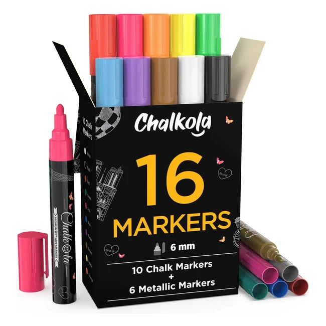Chalkola Kreidemarker - 10 Neon & 6 Metallic Stifte - Fenstermalstifte, Glasstift abwaschbar - Ideal für Handlettering, DIY Projekte, Menüs - Kinderfreundlich, ungiftig, staubfrei