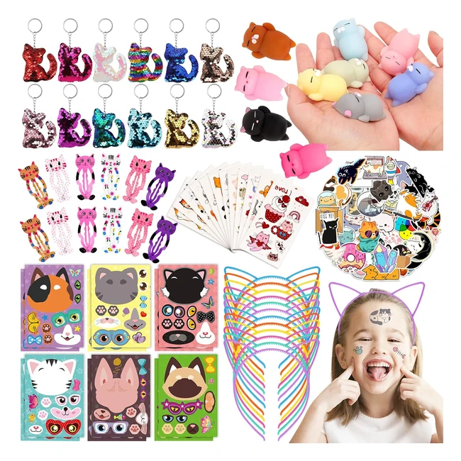 122pcs cadeaux de fête sur le thème des chats pour enfants - fournitures d'anniversaire avec bandeau, porte-clés, tatouages et plus