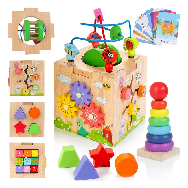 Cubo di attività Montessori 8in1 per bambini di 1 anno - Giocattolo in legno con sonaglio, labirinto di perline e altro