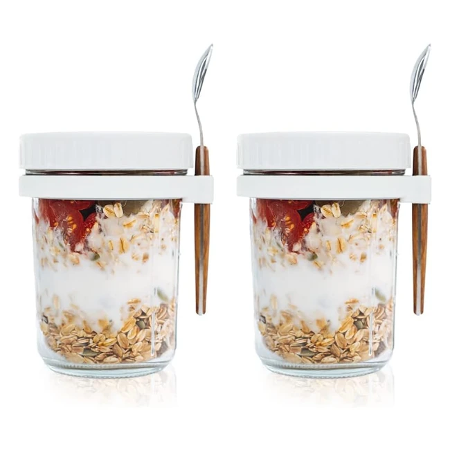 Ensvon 2Pack Overnight Oats Jars - Sturdy Glass Container with Lid and Spoon - 1