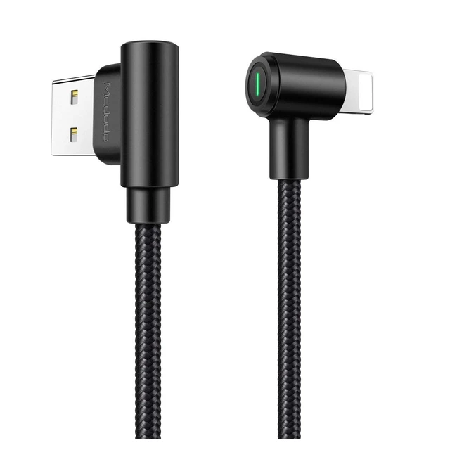 Cable de carga LED 90°, rápido y resistente - Compatible con iPhone X, 8, 7, 6 Plus, iPad, iPod