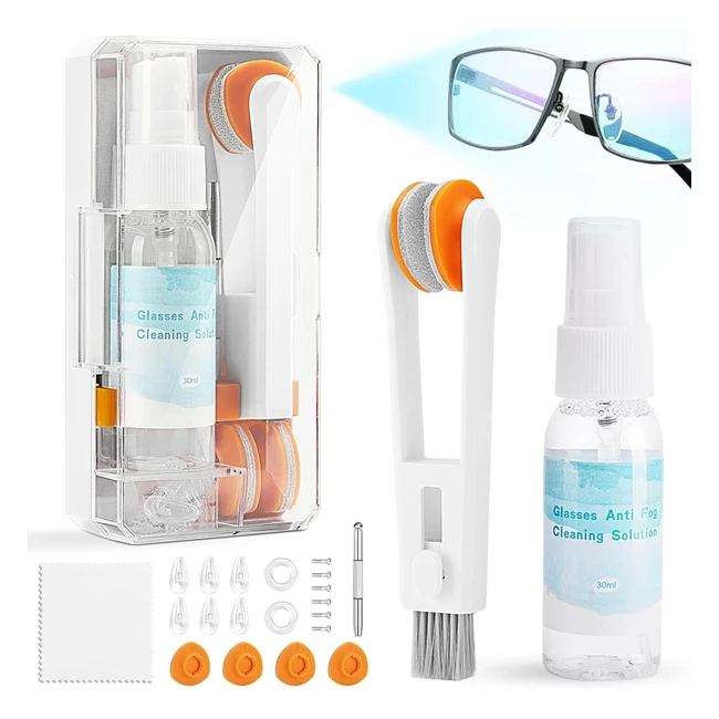 Kit de nettoyant lunettes de vue avec spray anti buée, chiffon microfibre, coussinets anti glisse, protection nez, réparation vis, brosse nettoyage, accessoires lunette de soleil ski natation caméra blanc
