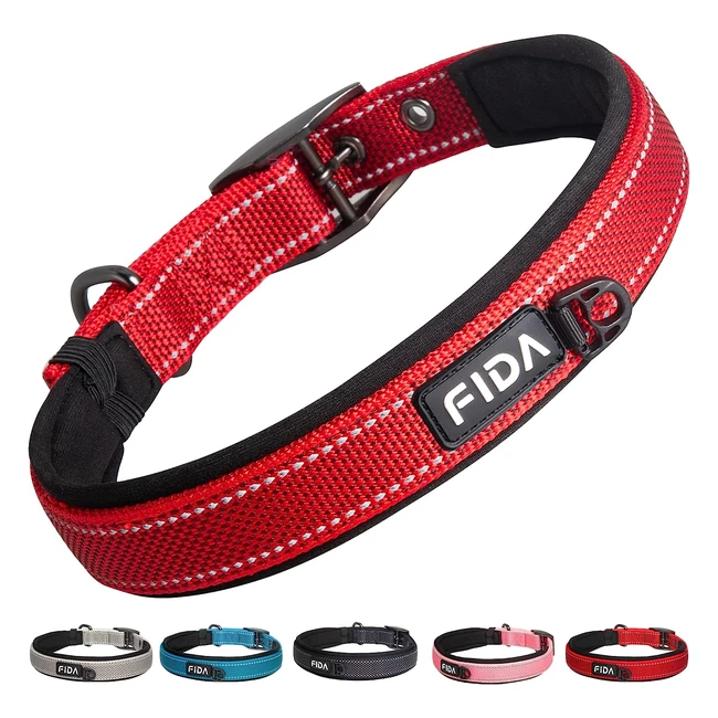FIDA Padded Dog Collar - Reflective, Adjustable, Heavy Duty - Red