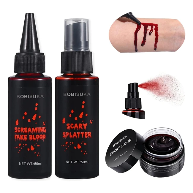 Bobisuka Halloween Fake Blood Makeup Kit - Realistic Washable Special Effects SFX Makeup - Coagulated Blood - Dripping Blood - Spray for Zombie Vampire Monster Cosplay