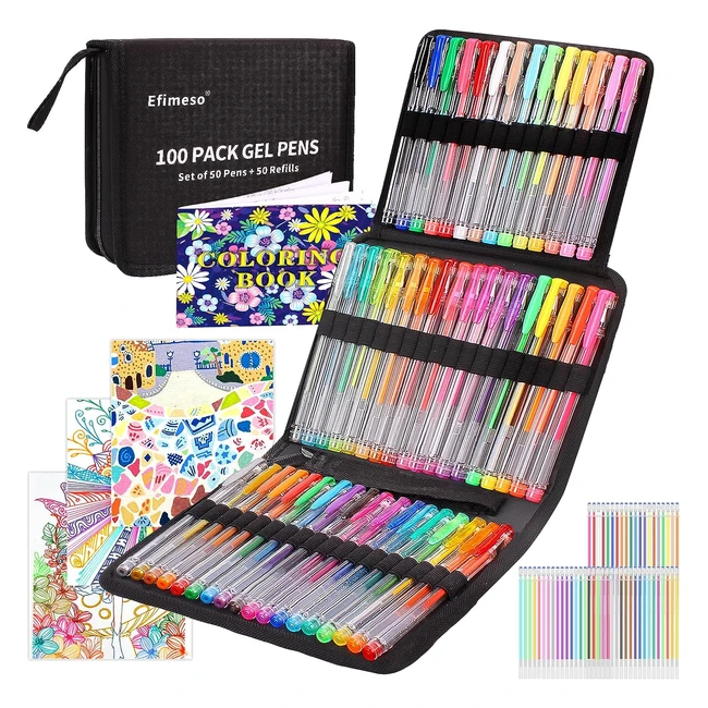 efimeso 100 Pack Gel Pens Set - 50 Glitter Gel Pens with 50 Refills - Zipper Case - Adult Coloring Books & Kids Writing - Metallic Neon Pastel Swirl