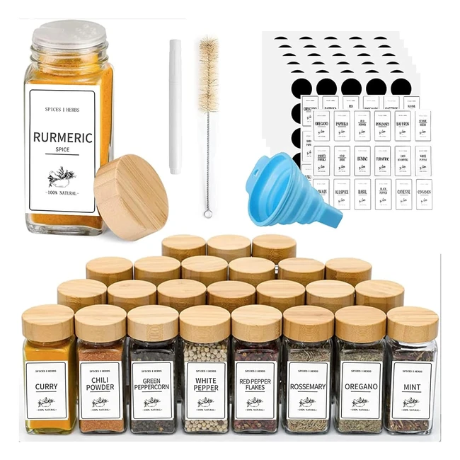 25 Spice Jars with Labels & Bamboo Lids - 4oz Glass Containers - Shaker Lids - Seasoning Bottles - 120 Labels