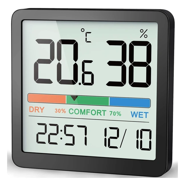 Noklead Room Thermometer Hygrometer - Accurate Digital Temperature Humidity Meter with Clock - Small Size - Calibration - Black