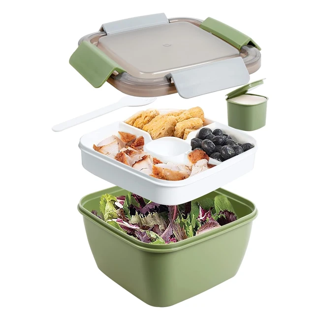 Greentainer 52 oz Salad Container BPA-free 3-Compartment for Toppings and Snacks - Microwave Safe