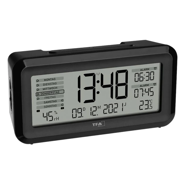 Réveil numérique radiopiloté TFA Dostmann Boxx2 60256201 avec écran allemand, 2 alarmes, surveillance de la température ambiante, jour de la semaine et batterie - Noir
