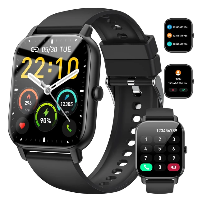 Smartwatch für Männer und Frauen, 1,85-Zoll-Touchscreen, Bluetooth-Anrufe, IP68 wasserdichte Fitnessuhr mit Herzfrequenzmesser, Schlafmonitor, Schrittzähler, Sportuhr für iOS Android, Schwarz