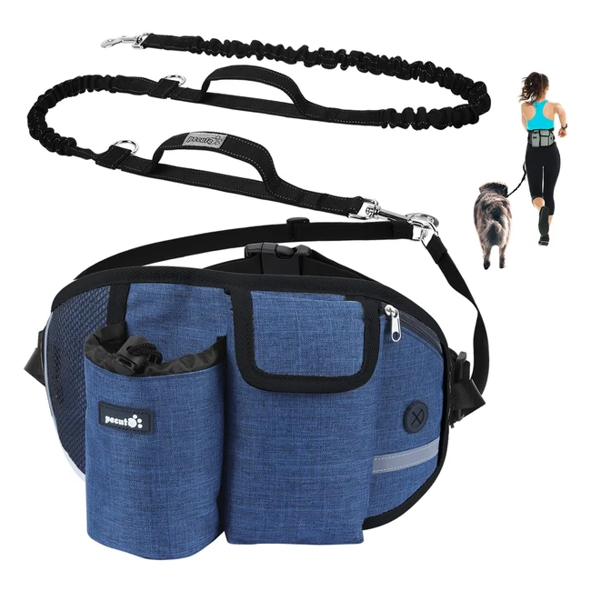 Pecute Hands Free Dog Running Lead - Wide Back Support Belt - Adjustable - Multi Pouch - Reflective - Hold up to 60kg - Blue
