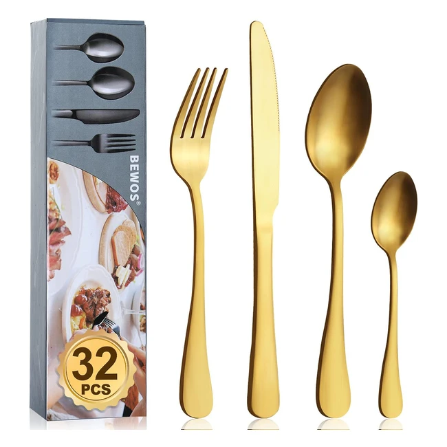 Bewos 32-Piece Stainless Steel Cutlery Set - Matt Gold Flatware - Service for 8 - Dishwasher Safe