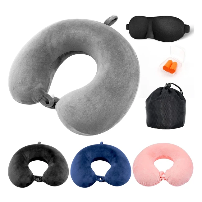 JMBabe Travel Pillow - Memory Foam Neck Pillow Support - Luxury Compact & Lightweight - Quick Pack for Camping - Washable - Neck Support Pillow + Ear Plugs + Eye Mask - Carry Bag